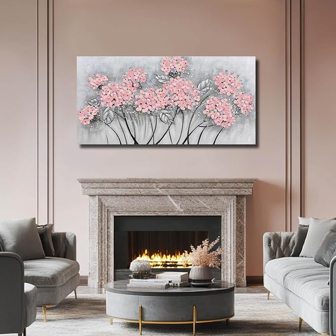 SOUGUAN Botanical Wall Art Oil Painting Pink Flower Pictures Wall Decor Large Artwork for Living Room Kitchen Home Decorations 24x48 Inch