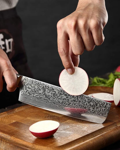 HEZHEN 7 inch Nakiri Knife Japanese High Carbon Steel-Super Durable Cooking Knife-67 Layers of Damascus Steel Sharp Blade -Ergonomic Design for Figured Sycamore Wood Handle