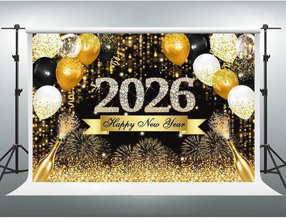 YongFoto 2026 Happy New Year Backdrop 10x5ft Gold Balloons Champagne Fireworks Photography Background Christmas Festival Carnival Family Party Banquet Decor Banner Photoshoot Wallpaper Photo Booth