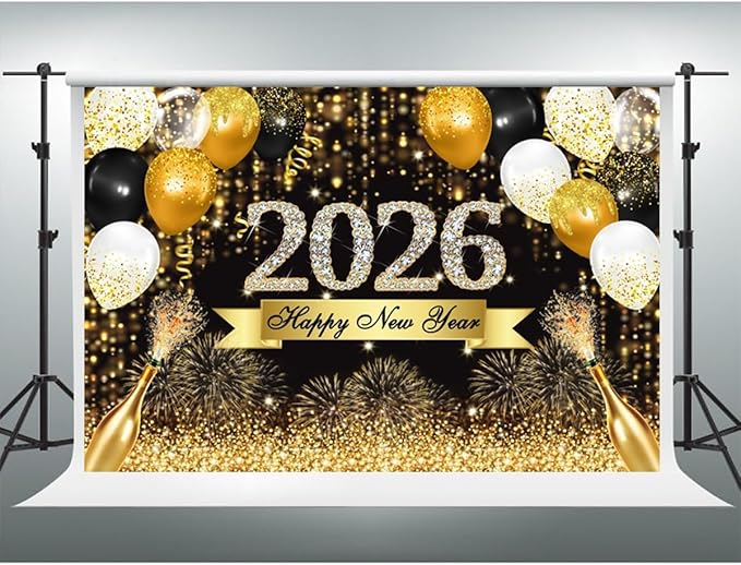 YongFoto 2026 Happy New Year Backdrop 7x5ft Gold Balloons Champagne Fireworks Photography Background Christmas Festival Carnival Family Party Banquet Decor Banner Photoshoot Wallpaper Photo Booth