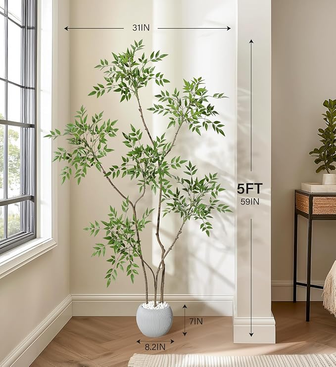Garvee Nandina Artificial Plants with Sphere Planter Pot, Artificial Tree Indoor with Moss and Pebbles, 5FT Fake Potted Tree for Indoor & Home Office Decor