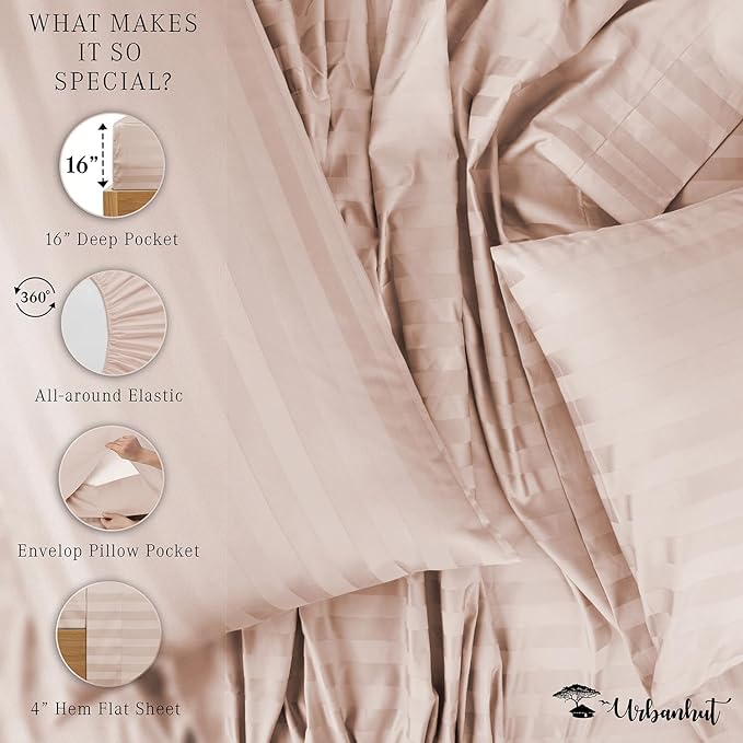URBANHUT 800 Thread Count Egyptian Cotton Damask Striped King Size Sheets Set (4 Pc) - Ultra Soft & Smooth, Sateen Weave King Size Sheets, Luxury Hotel Sheets with 16" Deep Pocket - Blush Pink