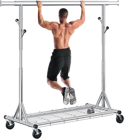 Heavy Duty Clothes Rack Load 530 LBS Metal Clothing Garment Rack Hang 200 pieces of clothing on Wheels Collapsible Rolling Portable & Adjustable with Hook for Hanging Clothes