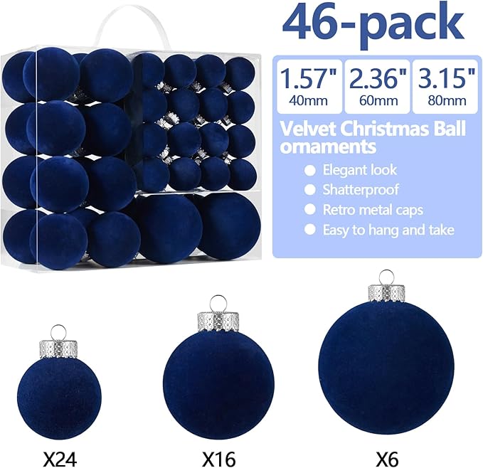 Velvet Christmas Ball Ornaments Set-46pcs Flocked Shatterproof Christmas Tree Decorations Plastic Xmas Decorative Hanging Ornaments for Xmas Holiday Home Decor,3 Sizes(Navy Blue)