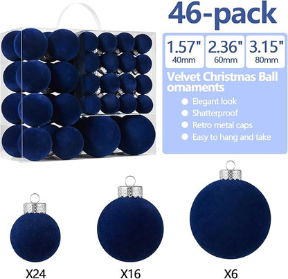 Velvet Christmas Ball Ornaments Set-46pcs Flocked Shatterproof Christmas Tree Decorations Plastic Xmas Decorative Hanging Ornaments for Xmas Holiday Home Decor,3 Sizes(Navy Blue)