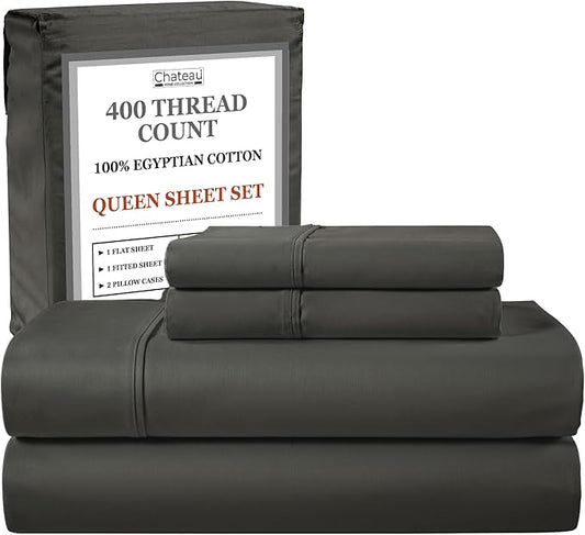 400 Thread Count Egyptian Cotton Sheets Queen Sheet Set Deep Pocket, 100% Cotton Bed Sheets Queen Size Set, No Pill Soft & Comfy Naturally Cool Breathable Elasticated Sheet & Pillowcase Sets- Charcoal
