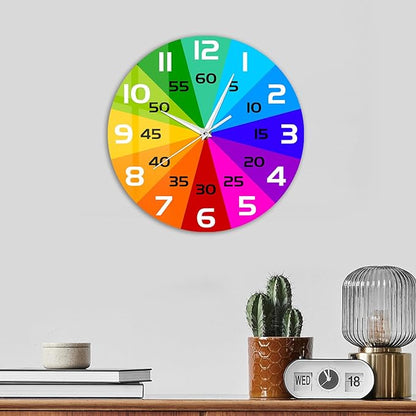 Rainbow Color Wheel Learning Clock, 12'' Telling Time Teaching Clock for Kids Analog Classroom Wall Clock Silent Movement Battery Operated for School Classroom Students Back to School Gifts