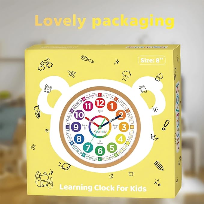 Wall Clock 10 Inch for Kids Learning Easily Kids Teaching Clock Analog Silent Non Ticking Battery Operated Colorful Teaching Time Clock Decorative for Kids Room Kitchen School