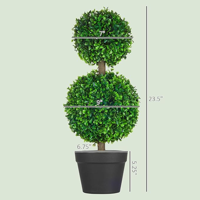 HOMCOM Set of 2 23.6" Artificial Ball Boxwood Topiary Trees with Pot, Indoor Outdoor Fake Plants for Home Office & Living Room Decor