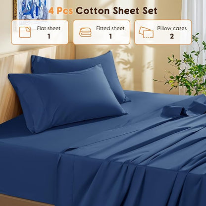 LBRO2M 100% Cotton Sheets Set King Size 600 Thread Count Sheet 4 Piece Sets Bed Sheet Deep Pocket Up to 16" Soft Comfortable All Season (King, Navy Blue)
