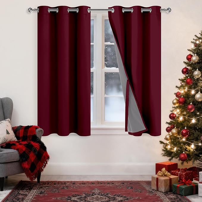 XWZO Full Shading Blackout Curtains 54 Inches Length - Heat and Light Blocking Ring Top Window Drapes with Black Liner Backing for Bedroom Sewn with Tiebacks, Burgundy, W42 x L54, Set of 2 Panels