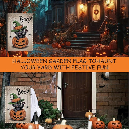 Fokongna Interesting Halloween Garden Flag, Pumpkin Spider Cat Boo Halloween Garden Flag, 12x18 Inch Burlap Vertical Double Sided Flags, for Home Yard Outside Decorations
