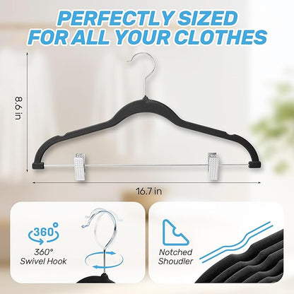 20 Pack Velvet Pants Hangers with Adjustable Clips, Heavy Duty Slim Non-Slip Flocked Hangers, Space-Saving Felt Clothes Hangers for Pants, Skirts, Jeans, and Dresses(Black)