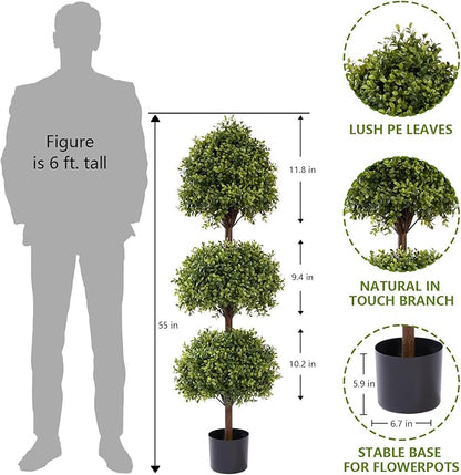 THE BLOOM TIMES 55" Tall Artificial Boxwood Triple Ball Topiary Trees, UV Resistant Large Fake Potted Plants for Outdoor Planter, Realistic Faux Bushes Shrubs for Front Porch Outside Decor Set of 2
