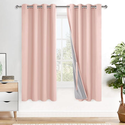 XWZO 100% Blackout Curtains 2 Panels with Tiebacks- Heat and Full Light Blocking Grommet Window Treatment with Black Liner for Kids Room, Blush Pink, W52 x L72 Inches Long, Set of 2