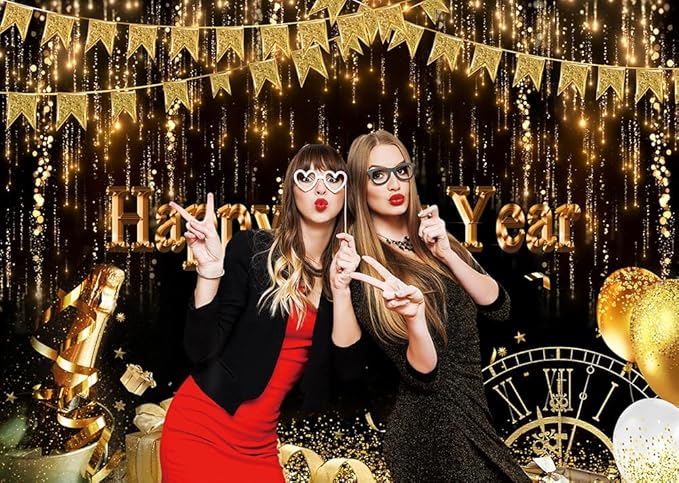 LTLYH 7x5ft Happy New Year Backdrop Gold Glitter Party Decoration 2026 New Year Eve Photography Background Black and Gold Celebration Banner for Party Supplies