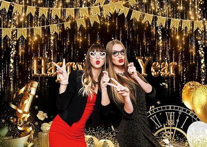 LTLYH 7x5ft Happy New Year Backdrop Gold Glitter Party Decoration 2026 New Year Eve Photography Background Black and Gold Celebration Banner for Party Supplies
