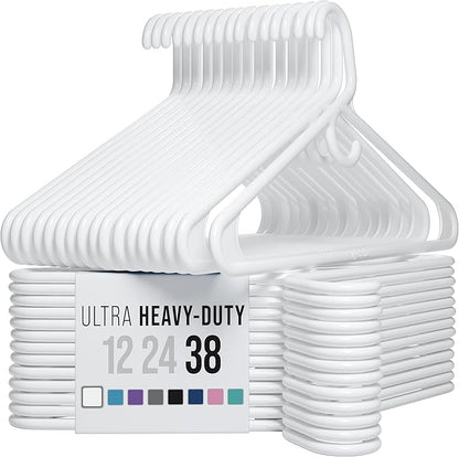 NEATERIZE Ultra Heavy Duty Plastic Clothes Hangers - White - Durable Coat, Suit and Clothes Hanger. Perchas De Ropa (38 Pack - White)