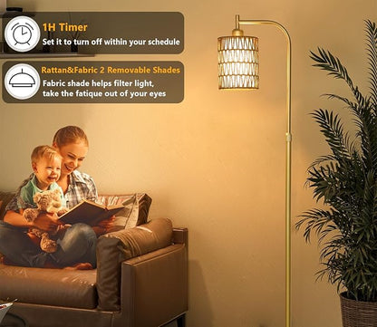 Modern Gold Floor Lamps for Living Room, Boho Rattan Floor Lamp with Remote & Dimmable LED Bulb, Farmhouse Standing Lamp with Rattan Shades, Minimalist Tall Pole Lamp for Bedroom Office