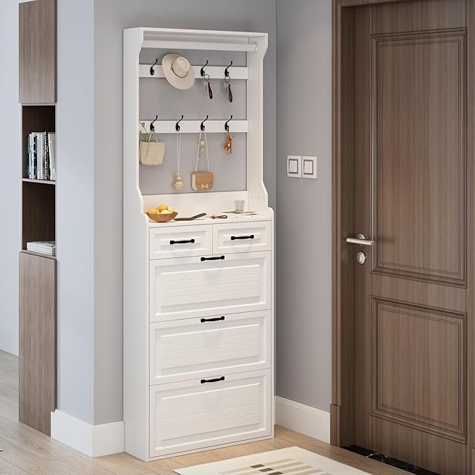 Vibe & Dine Shoe Cabinet, Entryway Shoe Storage Cabinet with 3 Flip Doors and 2 Drawers, 2-in-1 Wooden Shoe Rack Organizer with Coat Hooks for Hallway Cloakroom, White