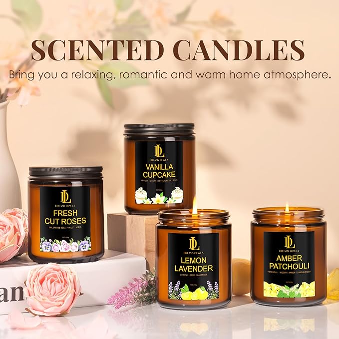 4 Pack Candles for Home Scented, 28 oz Soy Aromatherapy Candle Set, Holiday Valentine's Day Candle Gifts for Women, Scents of Fresh Cut Roses/Lemon Lavender/Vanilla Cupcake/Amber Patchouli