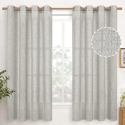 YoungsTex Light Grey Linen Semi Sheer Curtains 63 Inches Long for Bedroom 2 Panels - Textured Light Filtering Window Drapes with Bronze Grommet Privacy for Living Room, 2 Panels, 52 X 63 Inch