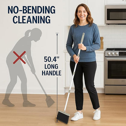 Broom with Dustpan – Premium Broom Set with Upright Design, Hair-Removal Dustpan Included,No-Bending Broom for efficient Home Cleaning Tool (Gray-Yellow)