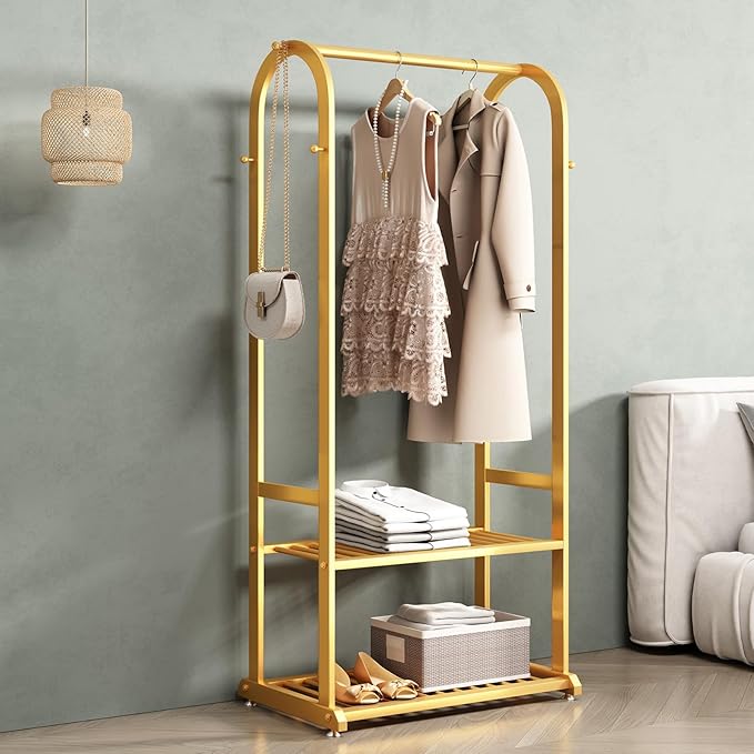 Gold clothing rack,Heavy duty clothes rack with bottom shelves,Small garment rack for hanging clothes,Wardrobe rack,hanging racks for clothes(L:23.6in)