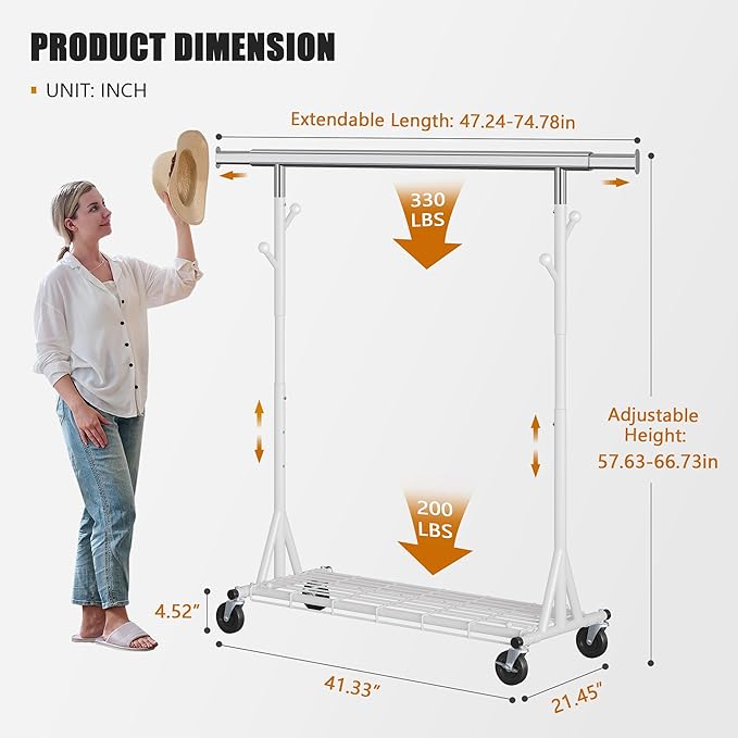 Heavy Duty Clothes Rack Load 530 LBS Metal Clothing Garment Rack Hang 200 pieces of clothing on Wheels Collapsible Rolling Portable & Adjustable with Hook for Hanging Clothes White