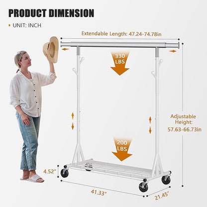 Heavy Duty Clothes Rack Load 530 LBS Metal Clothing Garment Rack Hang 200 pieces of clothing on Wheels Collapsible Rolling Portable & Adjustable with Hook for Hanging Clothes White