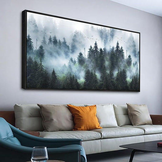 Wapluam Large Canvas Wall Art For Living Room, Office, Bedroom Wall Decorations - Black Framed Canvas Prints Artwork - Foggy Forest Landscape Pictures - Modern Wall Painting - Home Wall Art