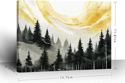 ARTZON Black Wall Art – Abstract Forest Sunrise Landscape Canvas Print, Mountain Retro Foggy Pine Tree Nature Picture, Vintage Decorative Small Moody Artwork for Bathroom or Bedroom, 16x12 Inch