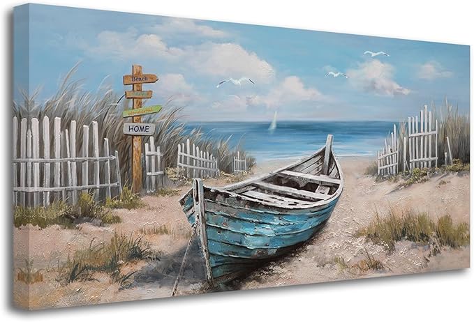Ardemy Boat Canvas Wall Art for Living Room Large Teal Bedroom Pictures Wall Decor Textured Beach Paintings Artwork Dining Room Home Office Kitchen, 58"x29"