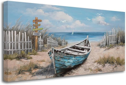 Ardemy Boat Canvas Wall Art for Living Room Large Teal Bedroom Pictures Wall Decor Textured Beach Paintings Artwork Dining Room Home Office Kitchen, 58"x29"