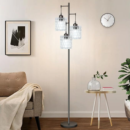 Black Floor Lamp for Living Room Bedroom,Mid Century Modern Floor Lamps with Transparent Glass Shades,3 Lights Vintage Tree Floor Lamps for Corner Office,68IN Tall Standing Lamp Bulbs Included