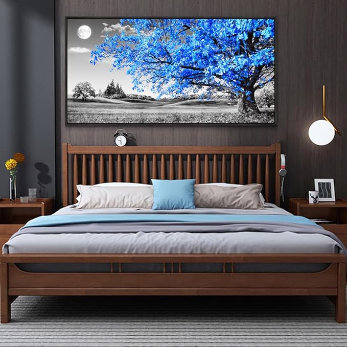 Wapluam Black Framed Wall Art For Living Room Black and White Large Wall Decor For Bedroom Blue Tree Landscape Abstract Painting Office Wall Decoration Picture Modern Canvas Prints Home Wall Decor