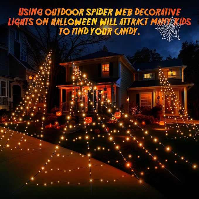 Halloween Decorations Outdoor Giant Spider Web Lights,23ft x 18ft Black Spider Web with 500 LEDs Purple,Waterproof for Halloween Yard Decorations and 8 Modes. (Black Nylon Rope and Orange LED Lights)