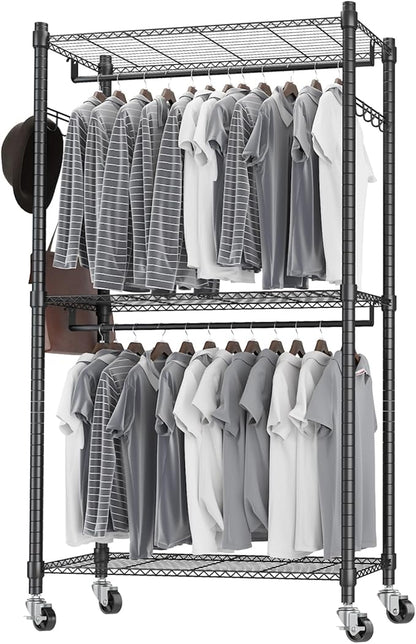 Heavy Duty Garment Rack Adjustable 3 Tiers Wire Shelving Rolling Clothes Rack with Double Rods and Side Hooks, Freestanding Wardrobe Storage Rack Metal Clothing Rack, Black