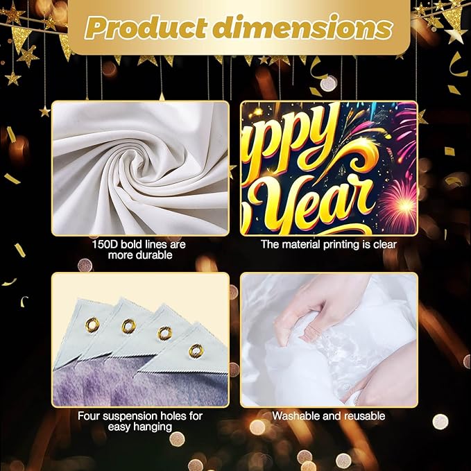 2026 Happy New Year Banner Fireworks Party Backdrop Gold Lettering New Year Eve Wall Decor Large Celebration Photo Background for Indoor Outdoor Holiday Events