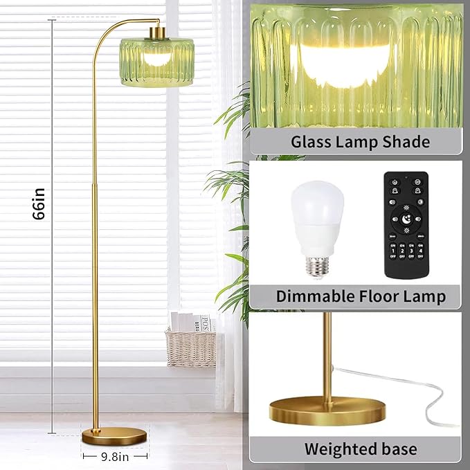 Gold Floor Lamp for Living Room,Bedroom,Mid Century Modern Standing Lamp with Remote,Dimmable Brass Tall Lamp Glass Lamp Vintage Retro Arc Floor Lamps Flower Floor Light Boho Bohemian
