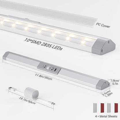 WOBANE Closet Lights Motion Sensored with Eye-Protection,Rechargeable LED Wardrobe Lighting with 3 Color,12 inch Dimmable Wireless Battery Operated Light Indoor for Stair,Pantry,Hallway,900mAh,3PCS
