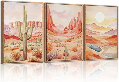 HLNIUC Boho Desert Plant Framed Canvas Wall Art Set,Southwestern Sun Mountain Wall Decor,Cactus Sunset Landscape Wall Painting,Watercolor Abstract Desert Art Prints for Living Room,Bedroom - 16”x24”x3