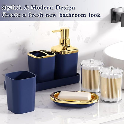 Navy Blue Bathroom Accessories, 24 Pieces Blue and Gold Bathroom Accessories Set with Shower Curtain, Bath Towels, Trash Can, Soap Dispenser and Soap Dish for Bathroom/Housewarming