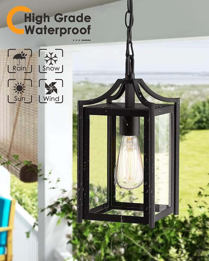 Outdoor Pendant Light, 14" Large Modern Hanging Porch Light with Adjustable Chain, Black Exterior Outdoor Hanging Lantern with Clear Glass for Porch Foyer Gazebo, 2439/1H