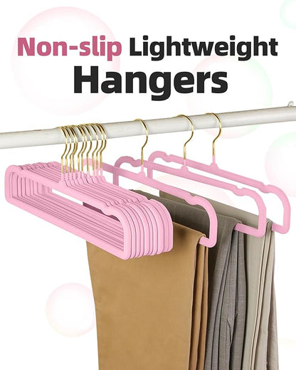 HGYZE Velvet Pants Hangers 20 Pack, 360° Swivel Gold Hook, Non Slip Felt Hanger for Spaghetti Strap Dresses Slack Jean, Short Neck Pant Bar for Closet, Cute Flocked Trouser for Adult Teen