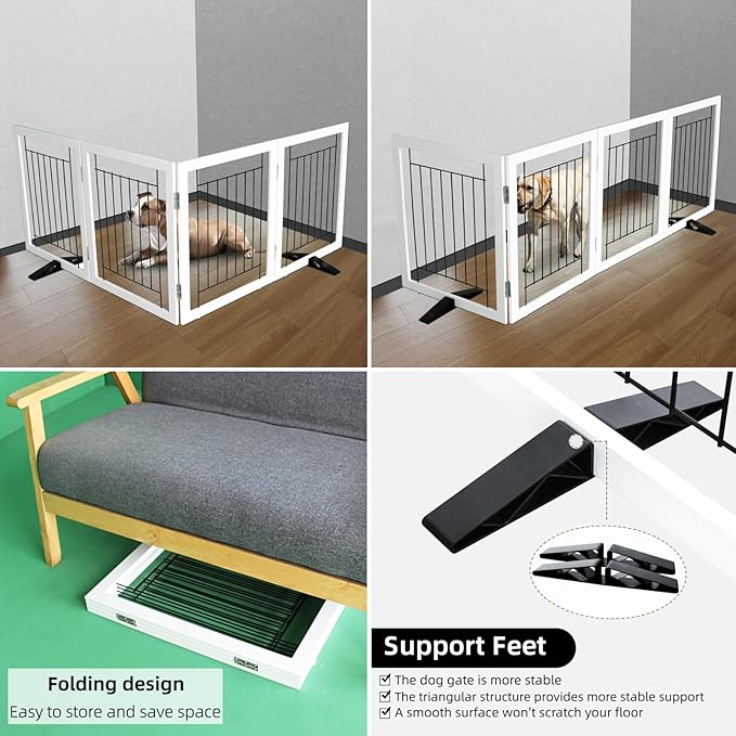 ZJSF Freestanding Dog Gate Indoor, Foldable Dog Fence for Doorways,Hallways or Stairs, Sturdy Wood Extra Wide Pet Gate with Support Feet,White,24 "Height-4 Panels