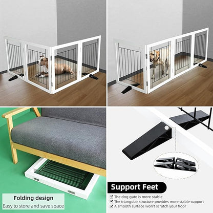 ZJSF Freestanding Dog Gate Indoor, Foldable Dog Fence for Doorways,Hallways or Stairs, Sturdy Wood Extra Wide Pet Gate with Support Feet,White,24 "Height-4 Panels