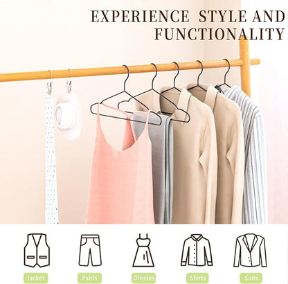 60Pack+10 Clips Luxurious Hanger Set ，16.69" Heavy Duty Matte Black Metal HangersWithstands 50lbs Weight Smooth Powder Coated Finish Compact Shirt Hangers