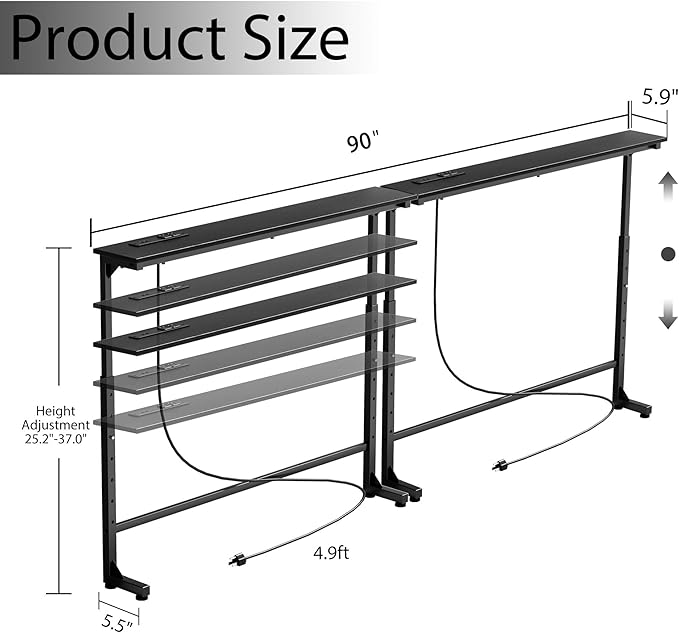 90 inch Narrow Console Table with Outlet,Adjustable Height(25"-37") Behind Sofa Table,Couch Behind Table Skinny,Couch Shelf with Charging Station,Long Entryway Tables for Living Room,Black