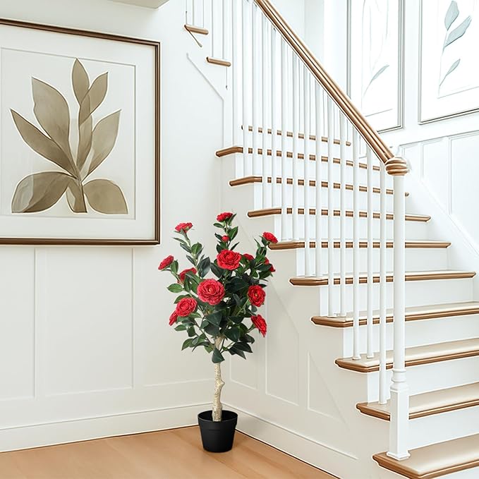 3FT Artificial Camellia Tree, 2 Pack Fake Camellia Tree Artificial Tree, Faux Floral Plants in Cement Pot, Greenery Potted Plant for Indoor Outdoor Home Office Porch Decor (Red)